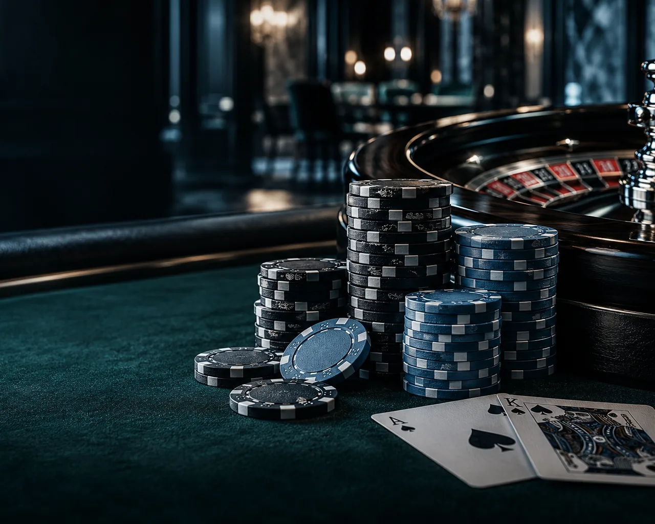 Casino chips beside a roulette wheel under cool lighting